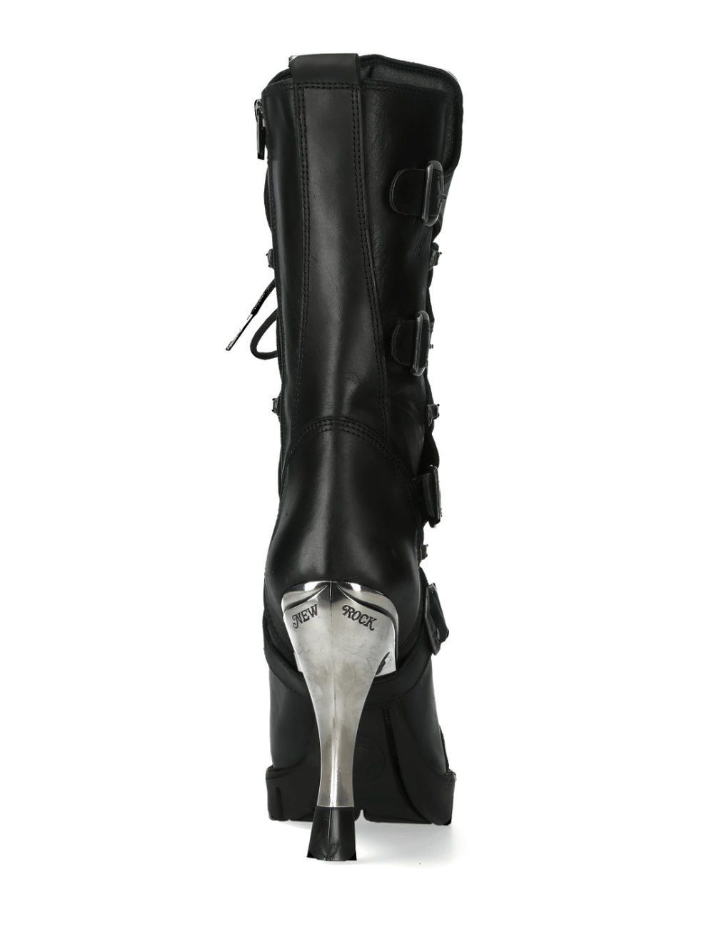 Black lace-up heeled boots with metallic accents and buckles from NEW ROCK's MALICIA COLLECTION.