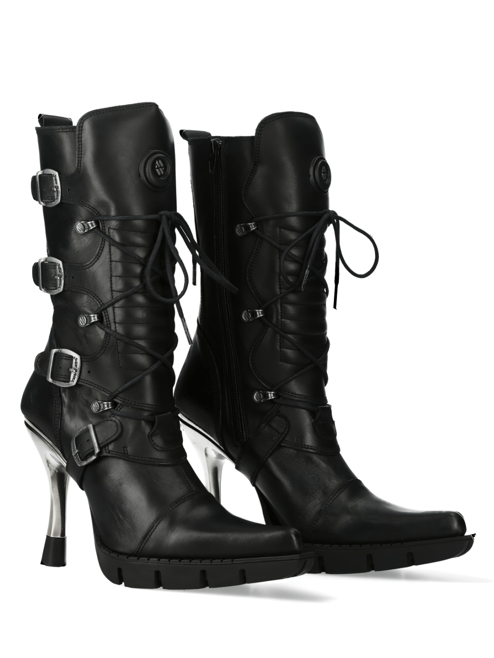 NEW ROCK Urban black lace-up heeled boots featuring buckles and metallic accents for bold fashion.