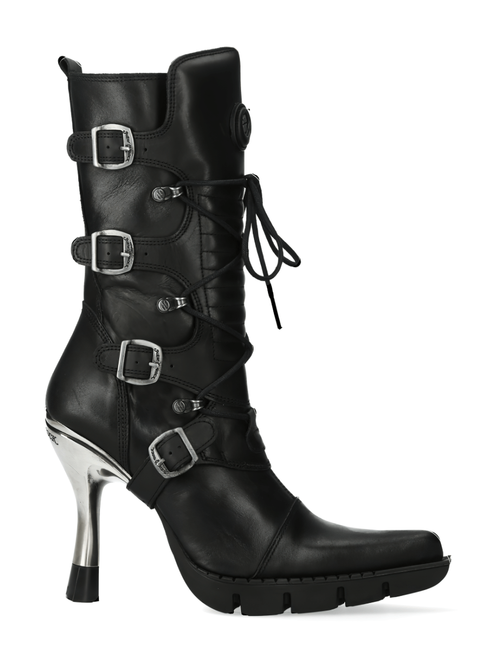 NEW ROCK Urban Black Lace-Up Heeled Boots with Buckles, featuring punk rock style and a striking metallic heel.