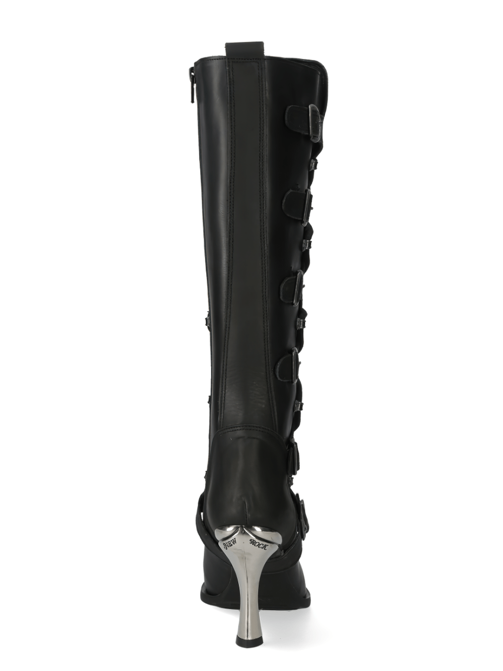 Back view of New Rock Urban Black Leather High Boots with metallic details and buckles, showcasing gothic style.