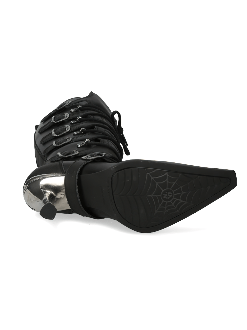 Urban black leather high boot with metallic heel and unique lacing details from New Rock Malicia collection.