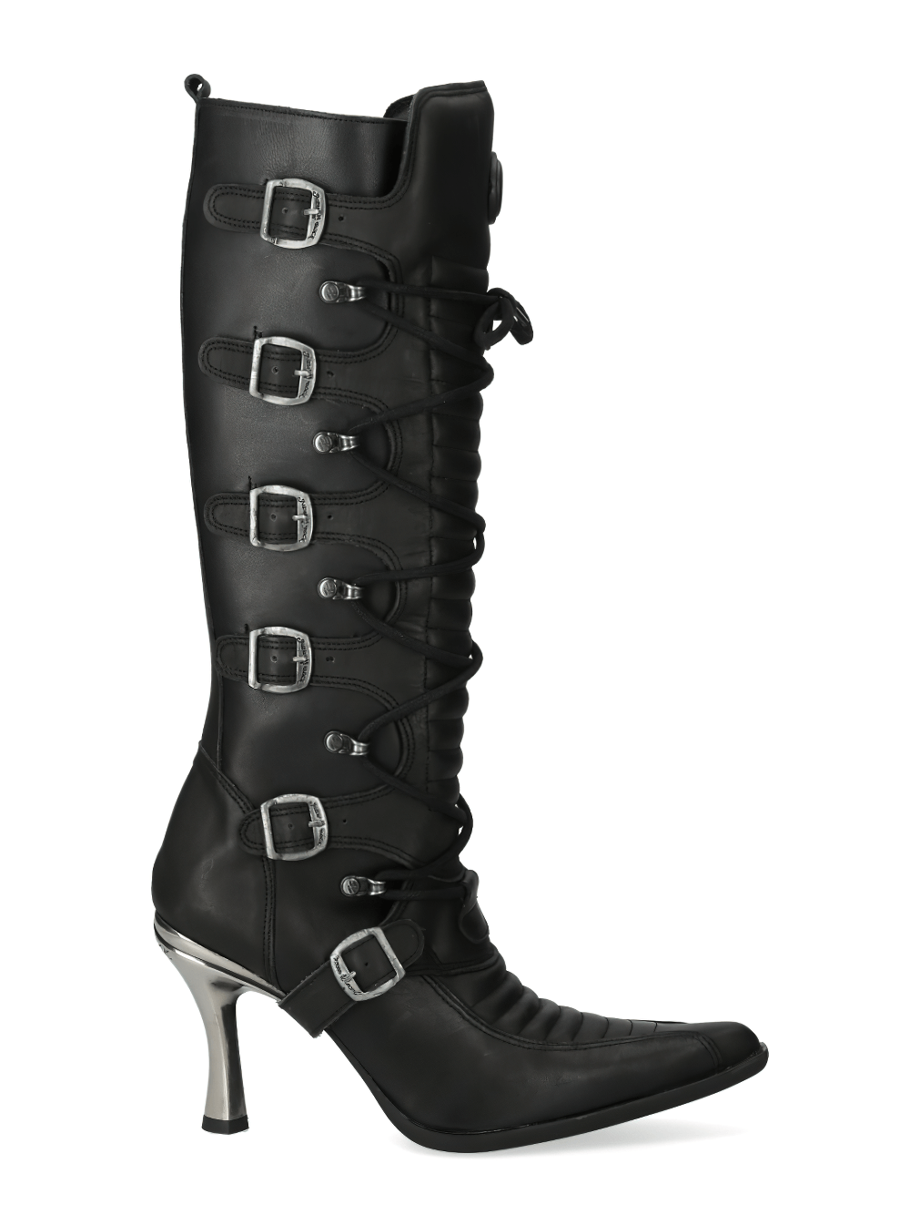 NEW ROCK Urban Black Leather High Boots with Metallic Edge, featuring buckles and a stylish heel.