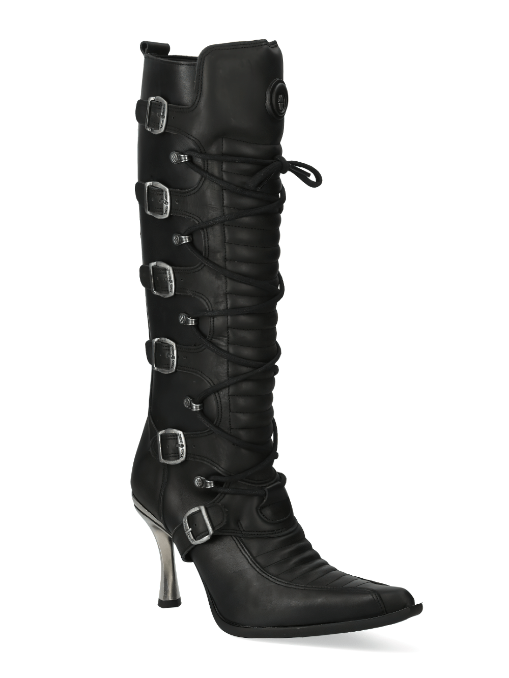 Newrock Malicia high black leather boots with metallic details and a stylish lace-up design.