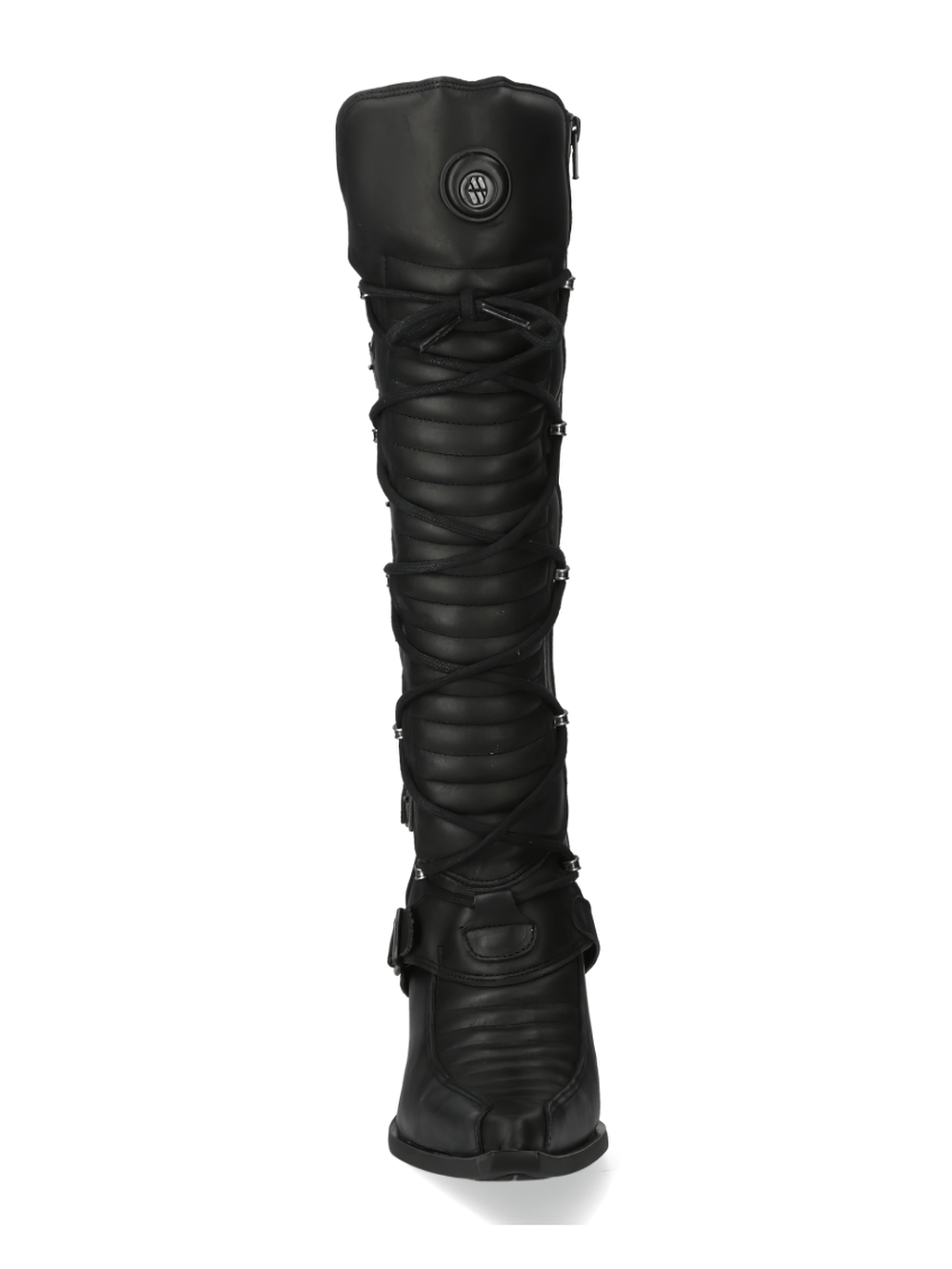 NEW ROCK Urban Black High Boots featuring stylish lacing and metallic accents for a bold gothic look.