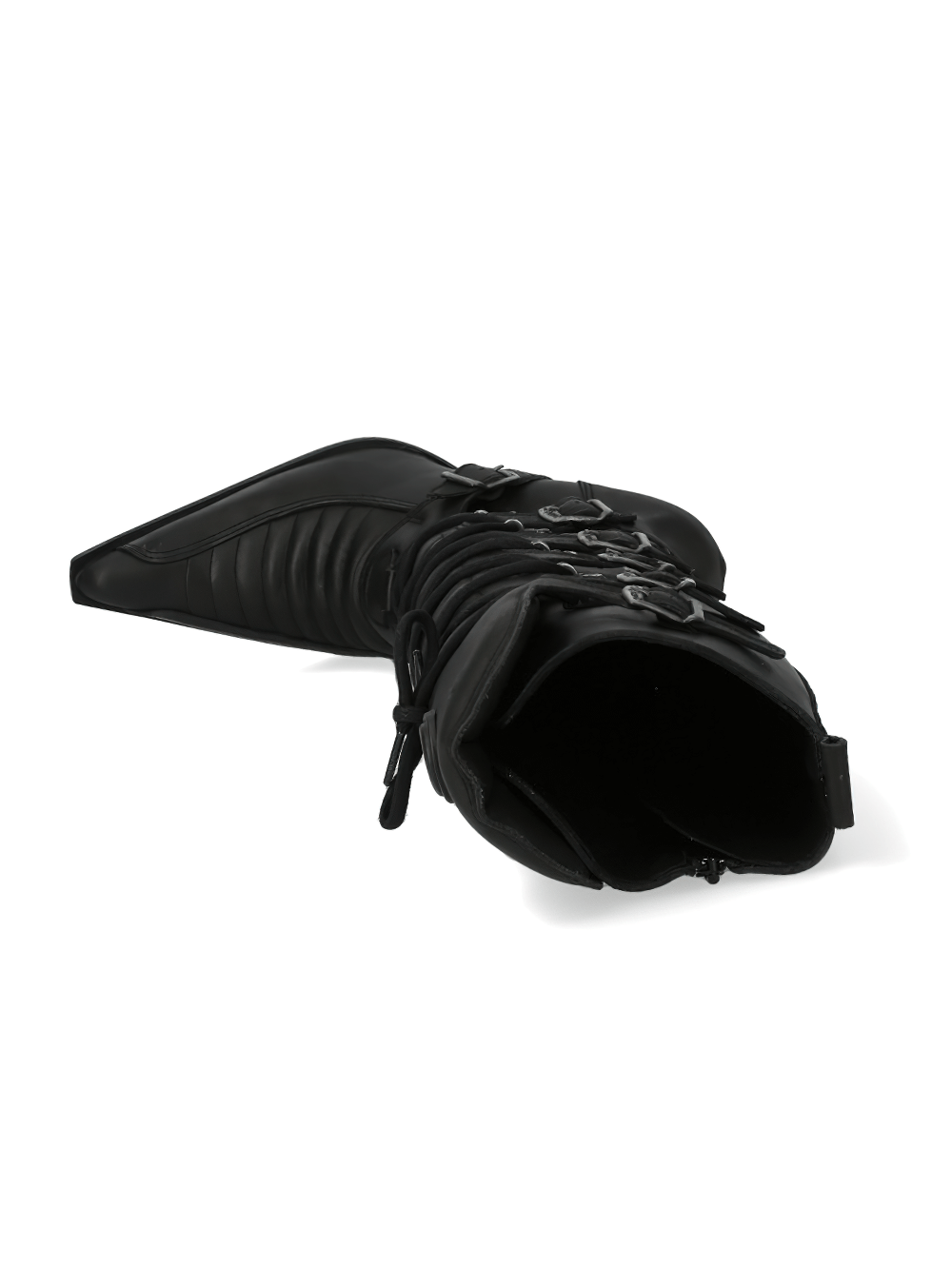 Black leather high boot with metallic accents and unique design, showcasing the bold Newrock Malicia style.