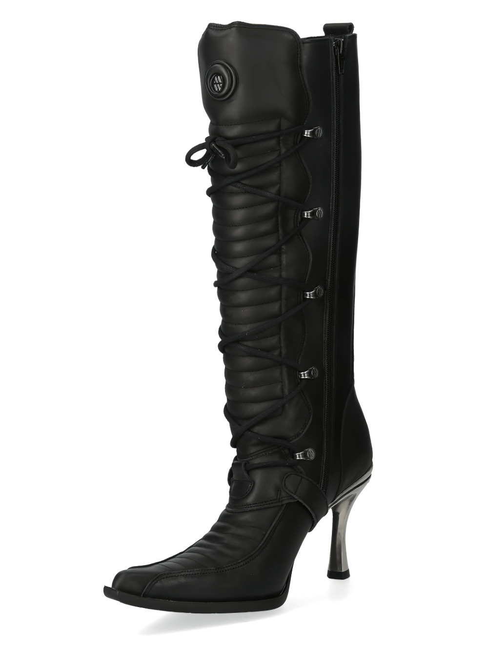 High black leather boots with lace-up front and metallic heel, showcasing urban gothic style and unique design.
