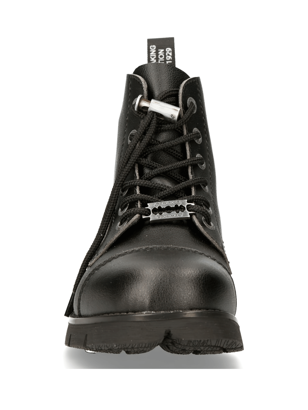 Front view of NEW ROCK Urban Black Ranger Lace-Up Ankle Boots, showcasing edgy punk style and quality craftsmanship.