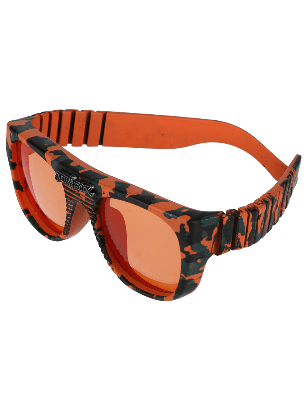 Urban camouflage sunglasses with vibrant orange pattern, perfect for bold fashion and sun protection.