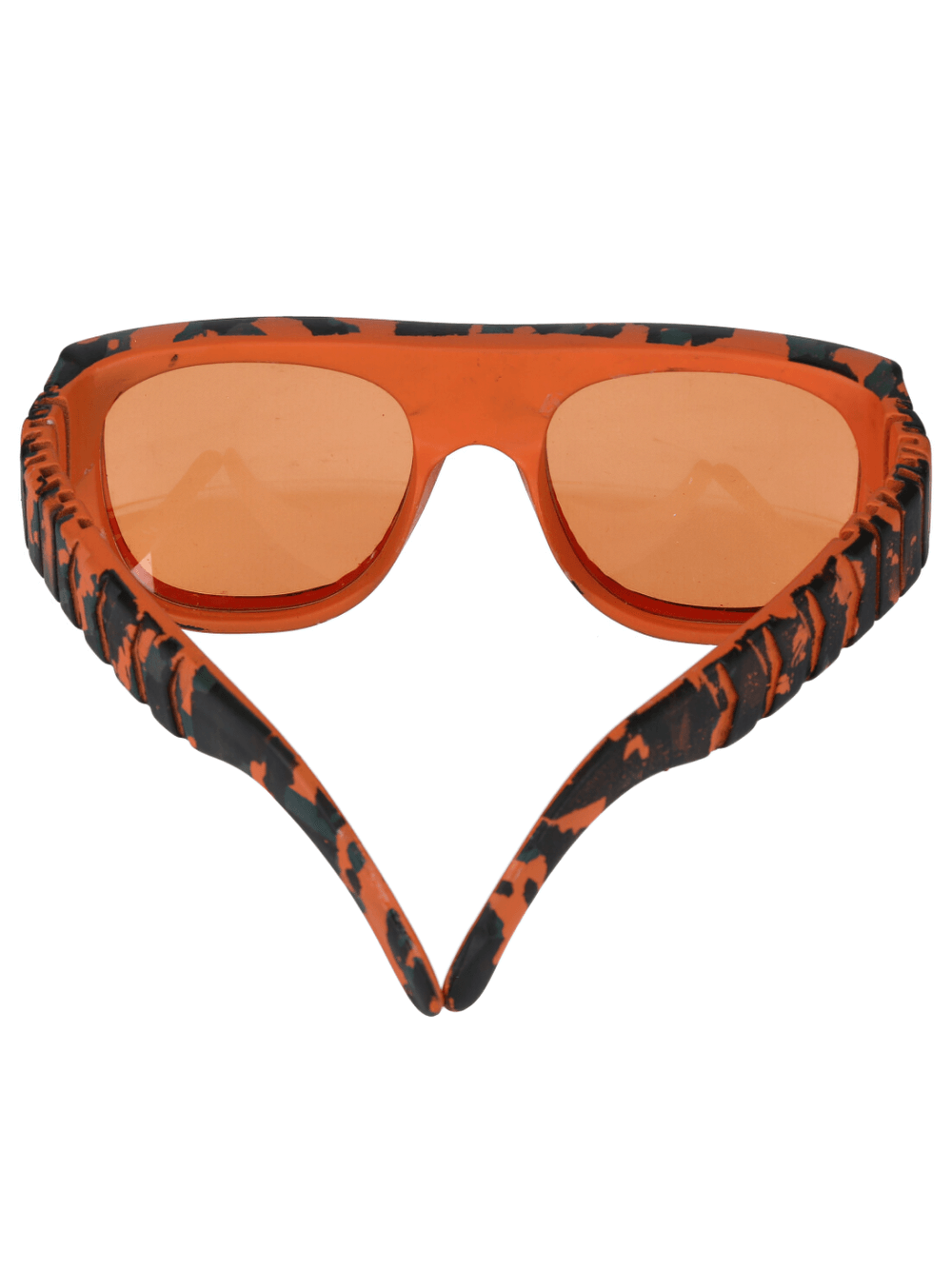 Vibrant orange and black camouflage sunglasses with unisex design for bold fashion statements.