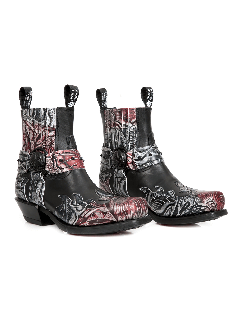 NEW ROCK red and black Gothic printed leather ankle boots with elastic clasps and rubber soles for urban style.