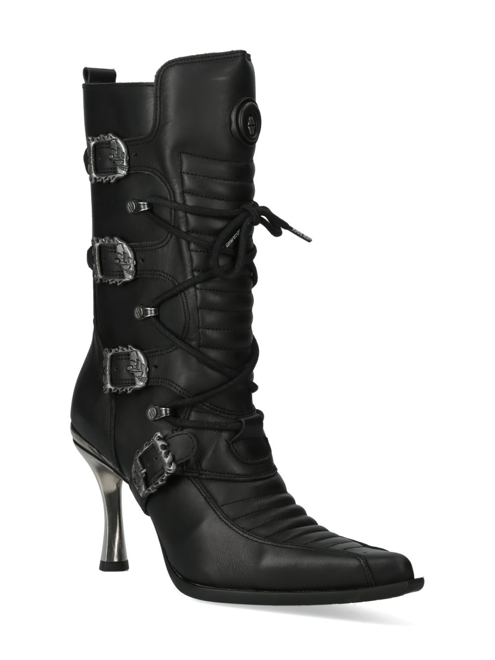 NEW ROCK Urban Gothic high-heeled lace-up boots in black leather with silver buckles and a chic pointed toe.