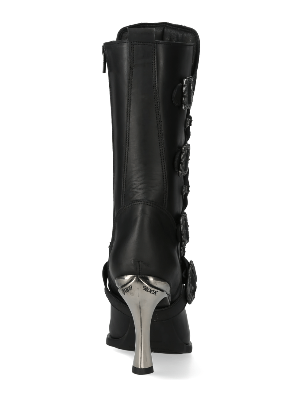 Back view of NEW ROCK Urban Gothic high-heeled lace-up boots with premium leather and shiny silver heel.