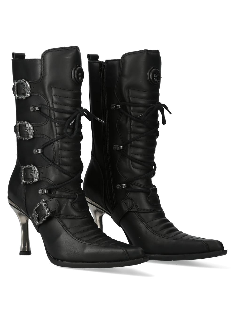 NEW ROCK Urban Gothic high-heeled lace-up boots with edgy buckle details and sleek design for a bold punk fashion statement.