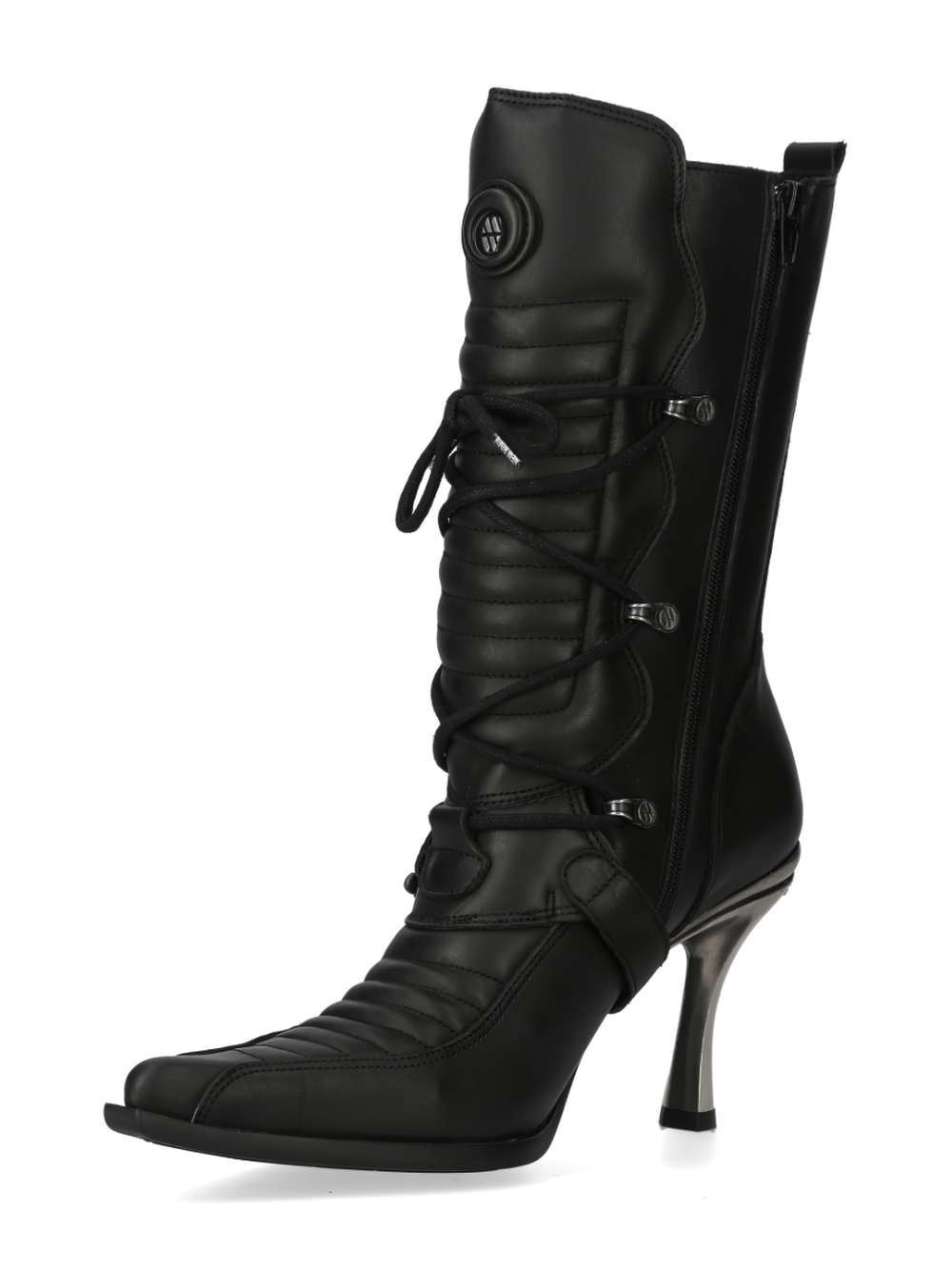 NEW ROCK Urban Gothic high-heeled lace-up boots in black leather, featuring stylish lace-up design and striking 10cm heel.
