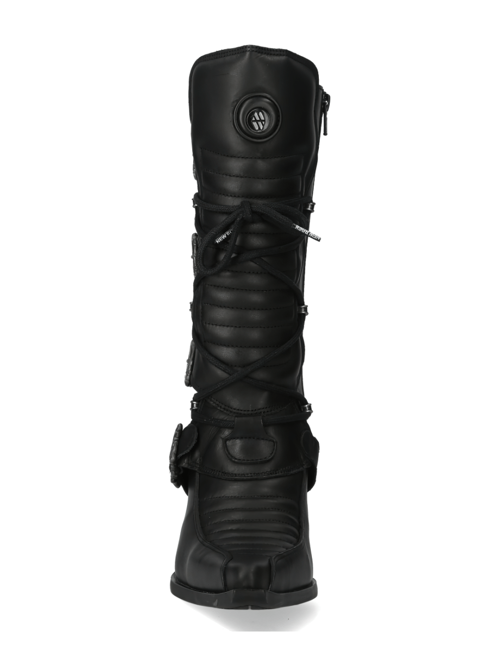 NEW ROCK Urban Gothic high-heeled lace-up black boots with intricate details and stylish punk-inspired design.