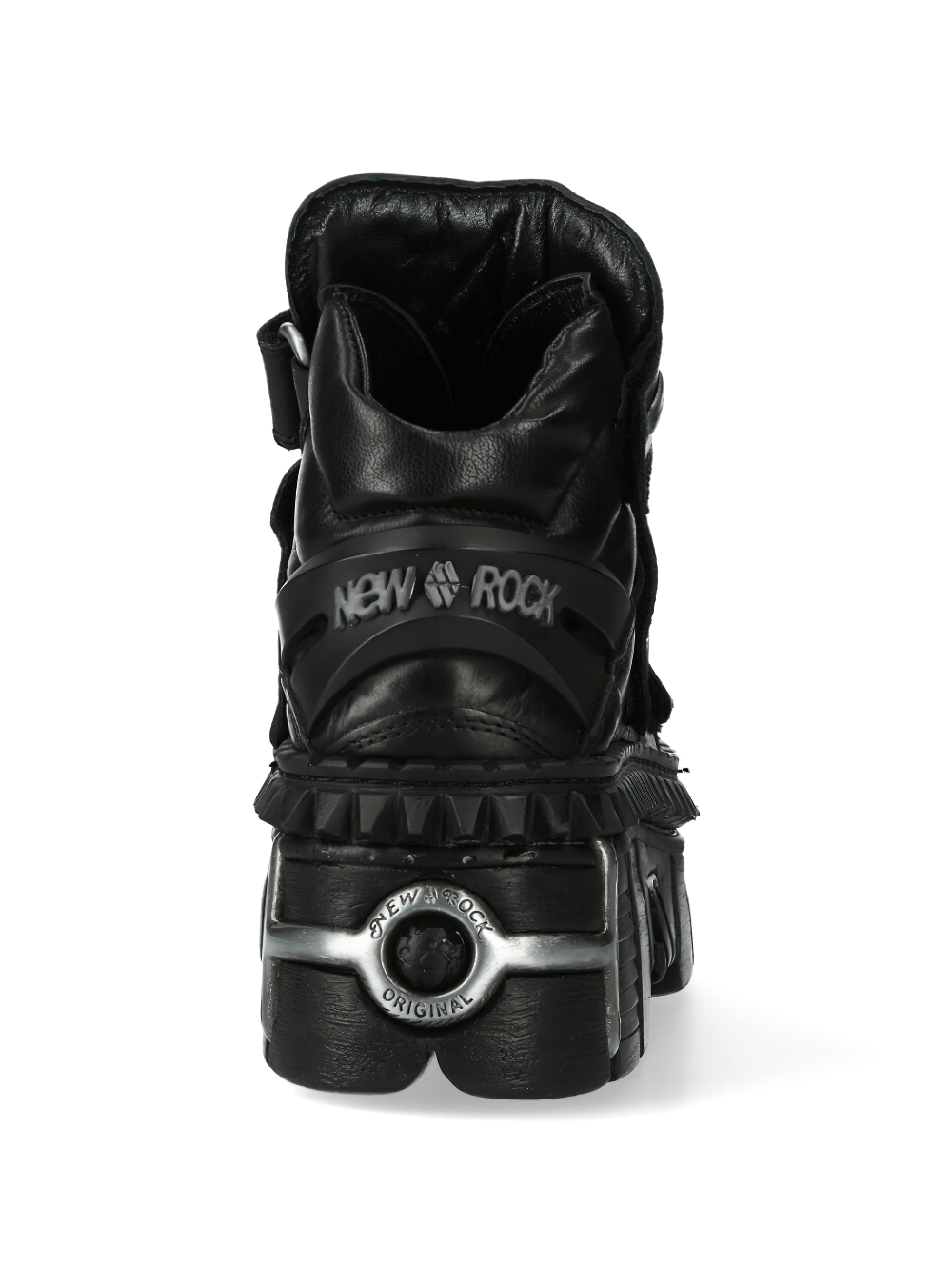 Back view of NEW ROCK urban heavy black ankle boots with velcro straps, showcasing edgy design and robust heel.