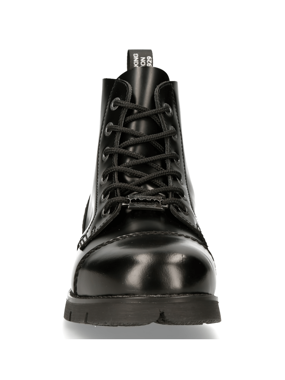 Front view of NEW ROCK Urban Heavy Lace-Up Black Ankle Boots, crafted in genuine leather with a rugged sole.
