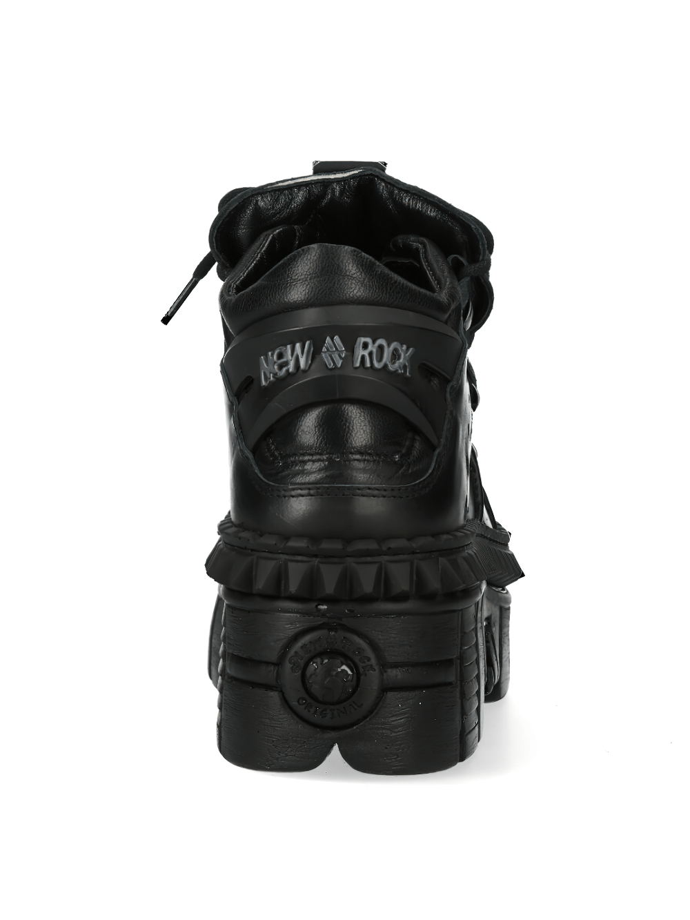 Back view of NEW ROCK Urban Heavy Platform Boots in matte black leather with striking metallic details.