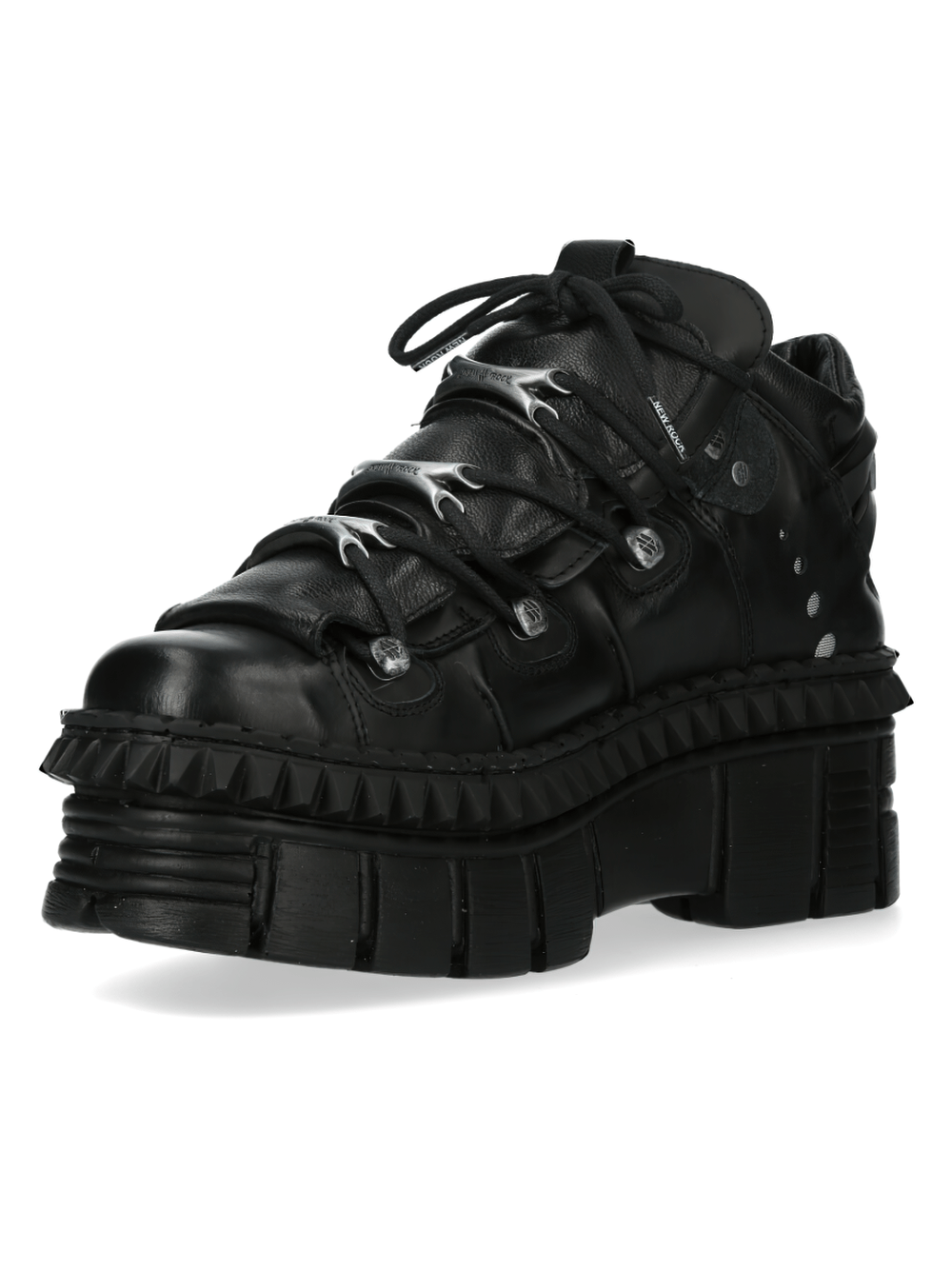 NEW ROCK Urban Heavy platform boots in matte black leather with metallic details and bone-shaped lace holders.