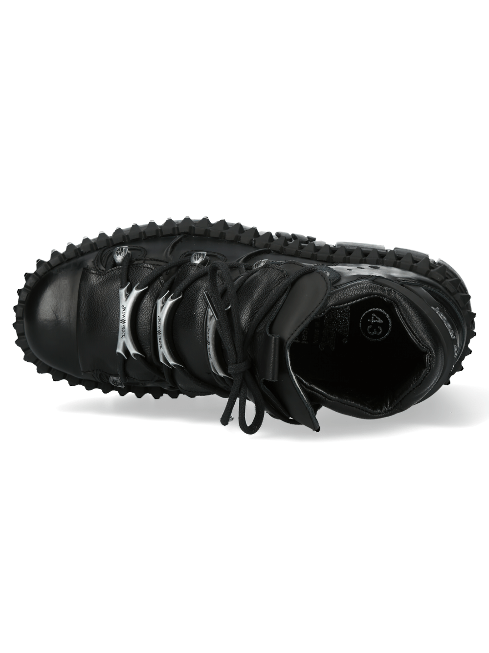 Top view of NEW ROCK Urban Heavy Platform Boots in matte black leather with metallic lace details.