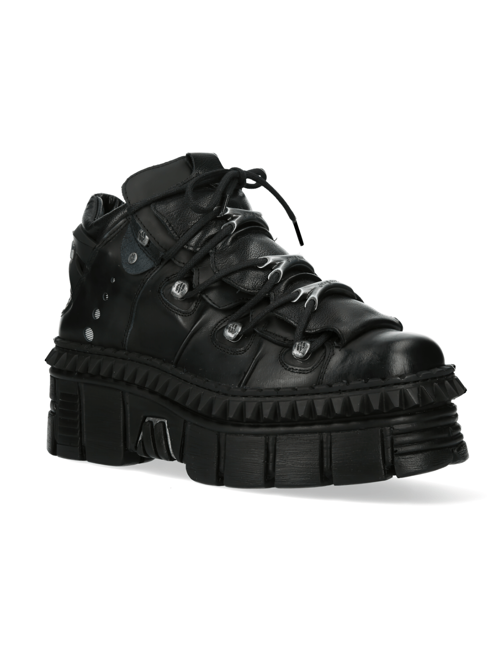 NEW ROCK Urban Heavy Platform Boots in matte black leather with metallic details and bone-shaped lace holders.