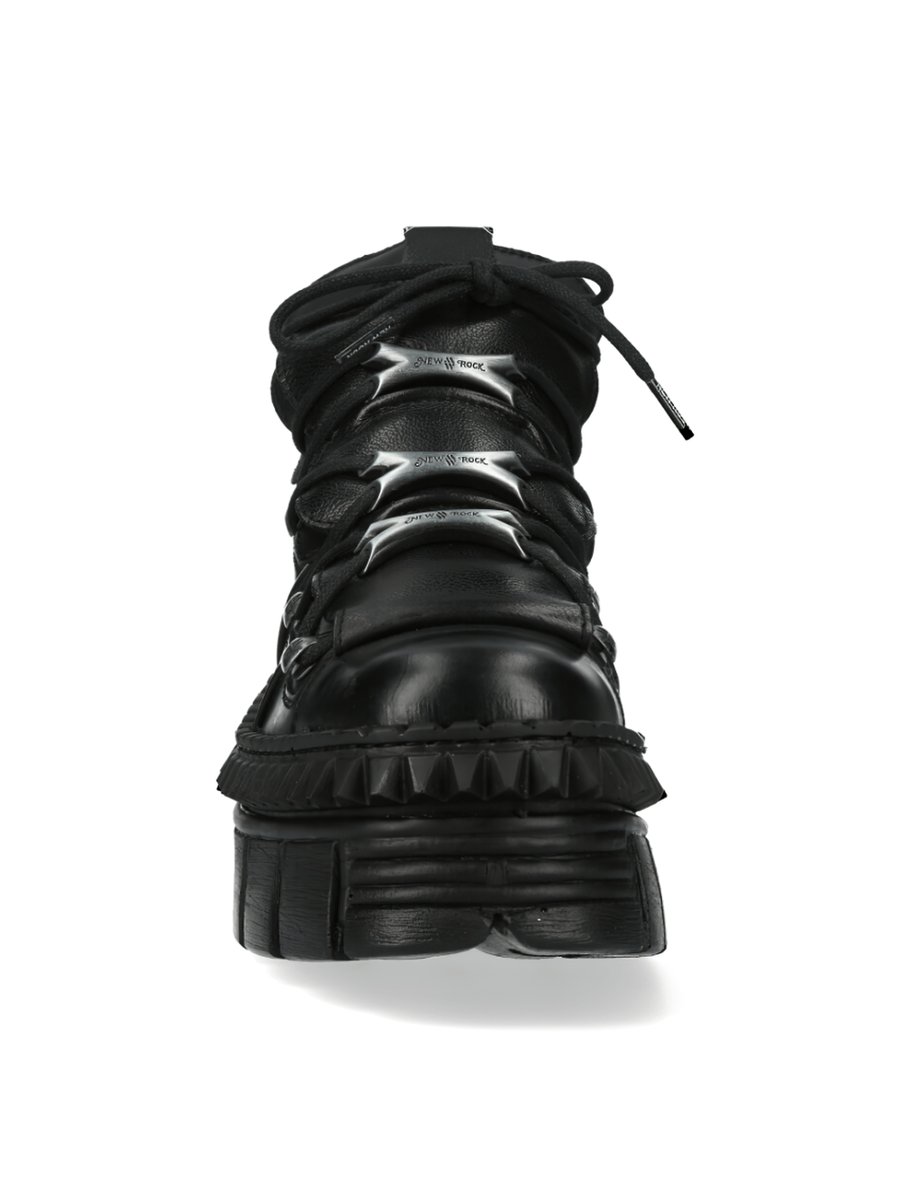 Front view of NEW ROCK Urban Heavy Platform Boots featuring metallic details on matte black leather.