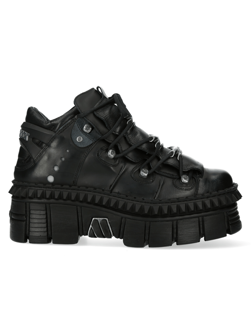 NEW ROCK Urban Heavy black platform boots with metallic details and bone-shaped lace holders.