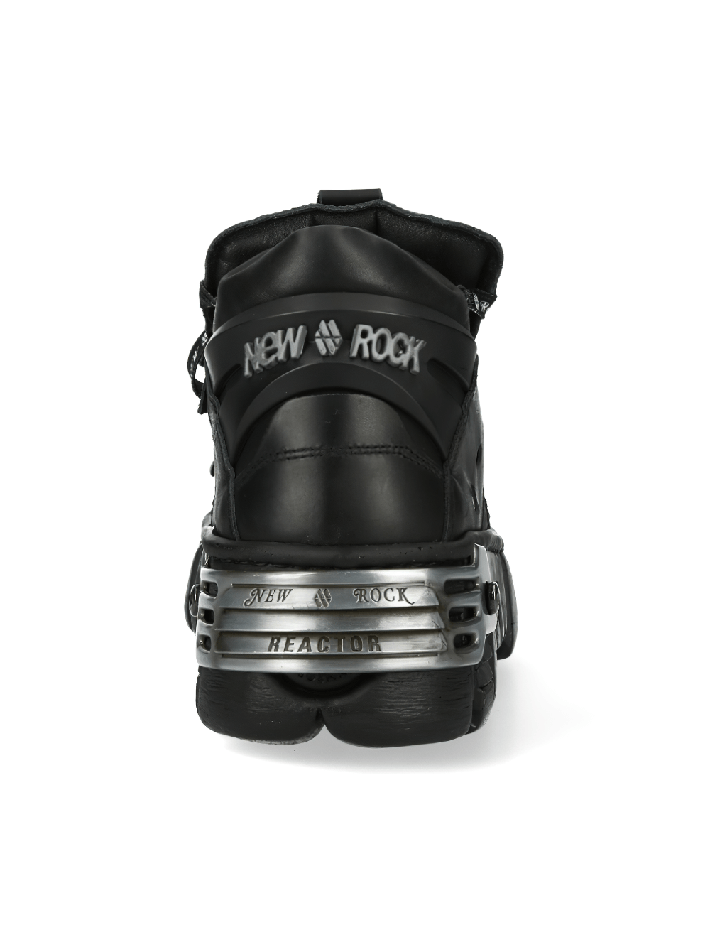 Back view of NEW ROCK Urban Heavy Rock Boots with metallic accents, showcasing bold black fashion design.