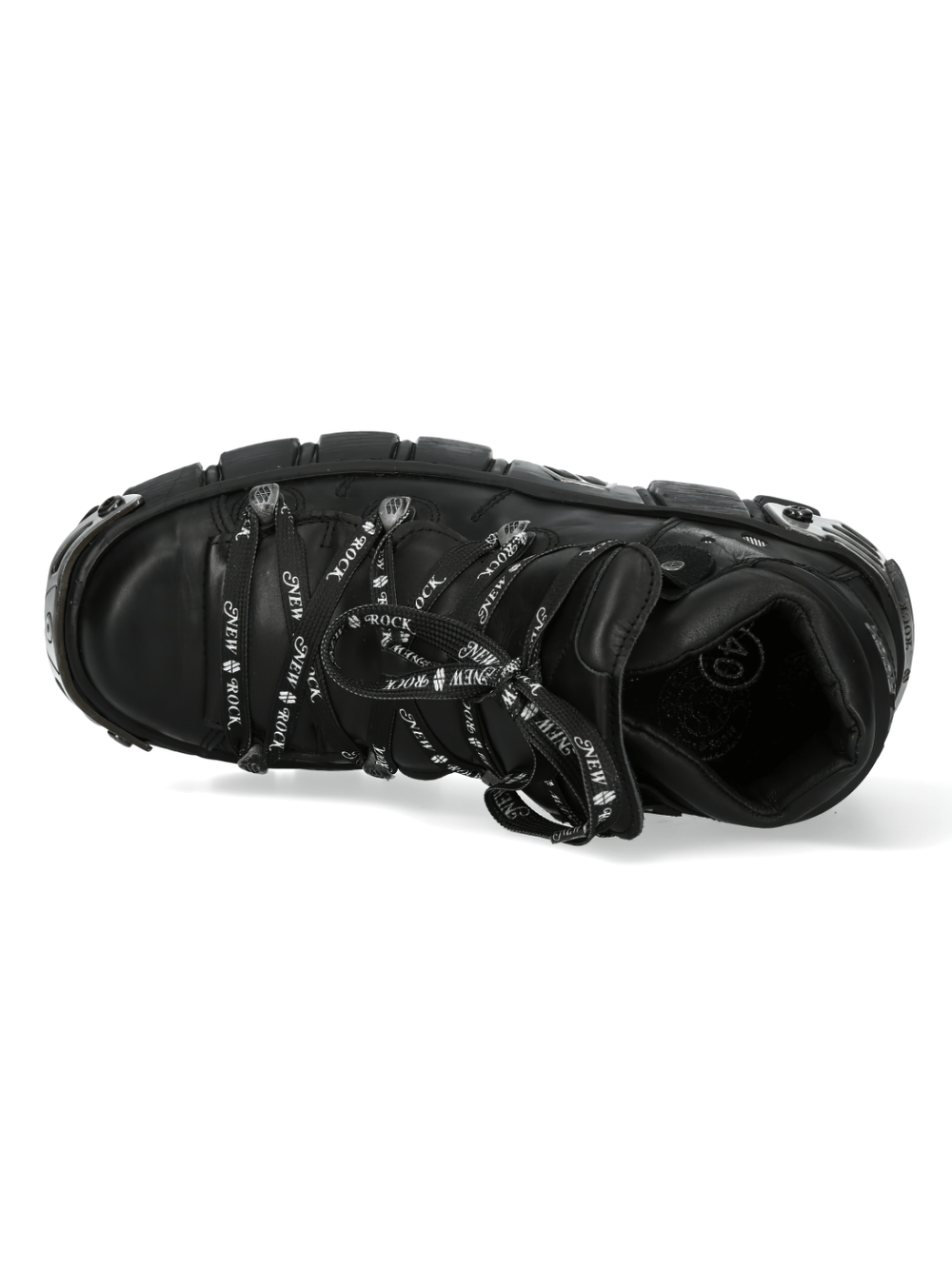 Top view of NEW ROCK black urban heavy rock boots with metallic accents and stylish laces.