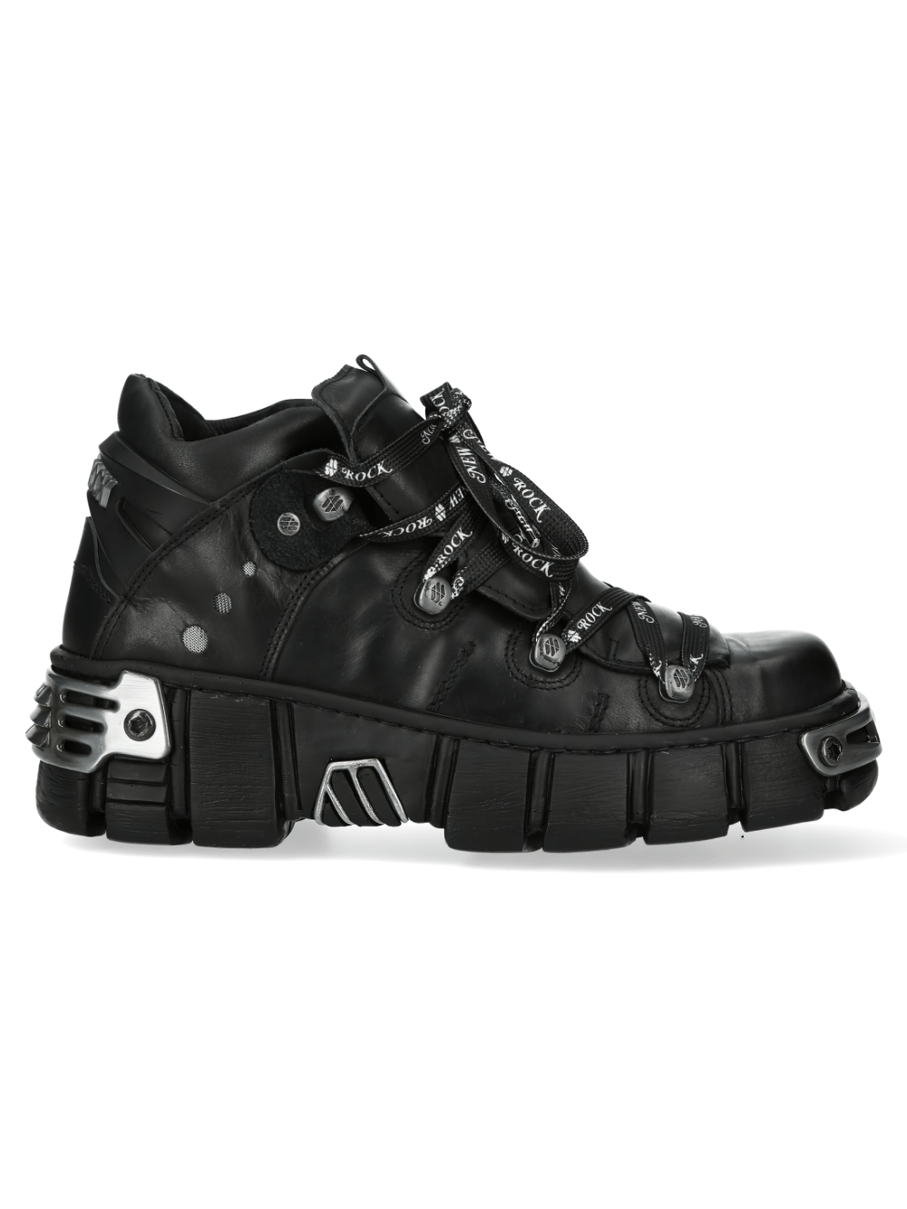 NEW ROCK Urban Heavy Rock Boots in black with metallic accents, showcasing a bold, fashion-forward design.