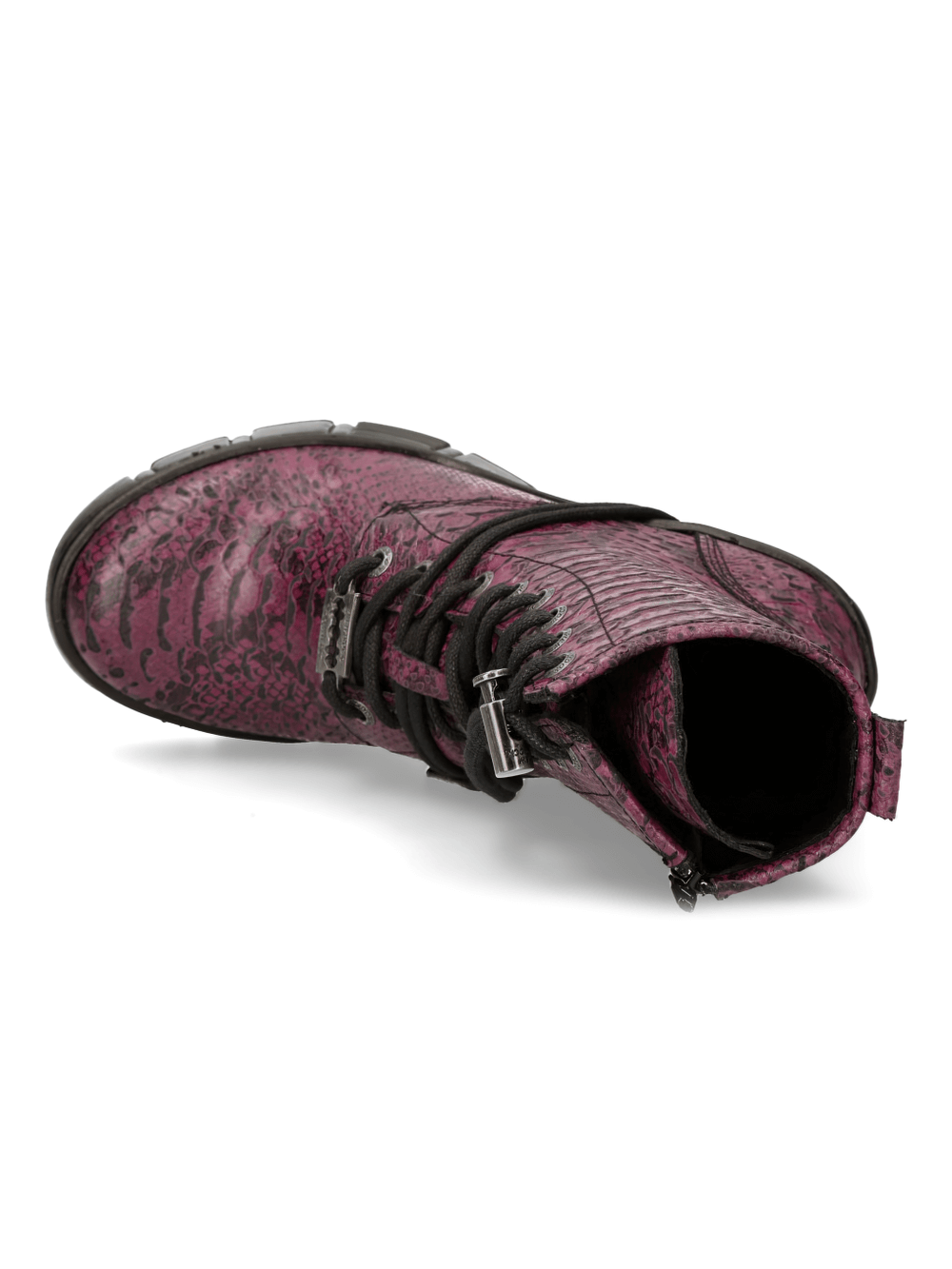 Purple lace-up ankle boot with unique metallic heel and stylish zipper detailing from the NEW ROCK TRAIL Collection.