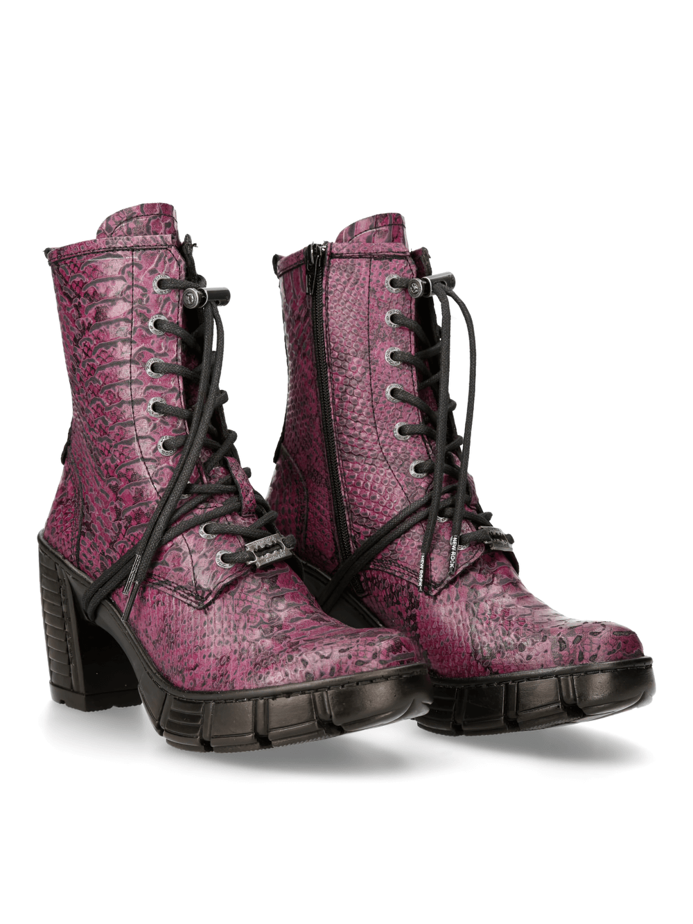 Purple snake-print ankle boots with metallic heels and unique lace-up design.