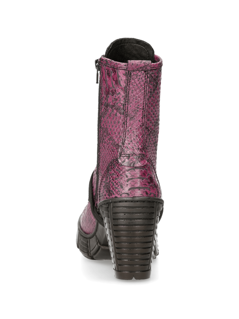 Purple lace-up ankle boots with metallic heel and unique texture, showcasing punk elegance from the TRAIL Collection.