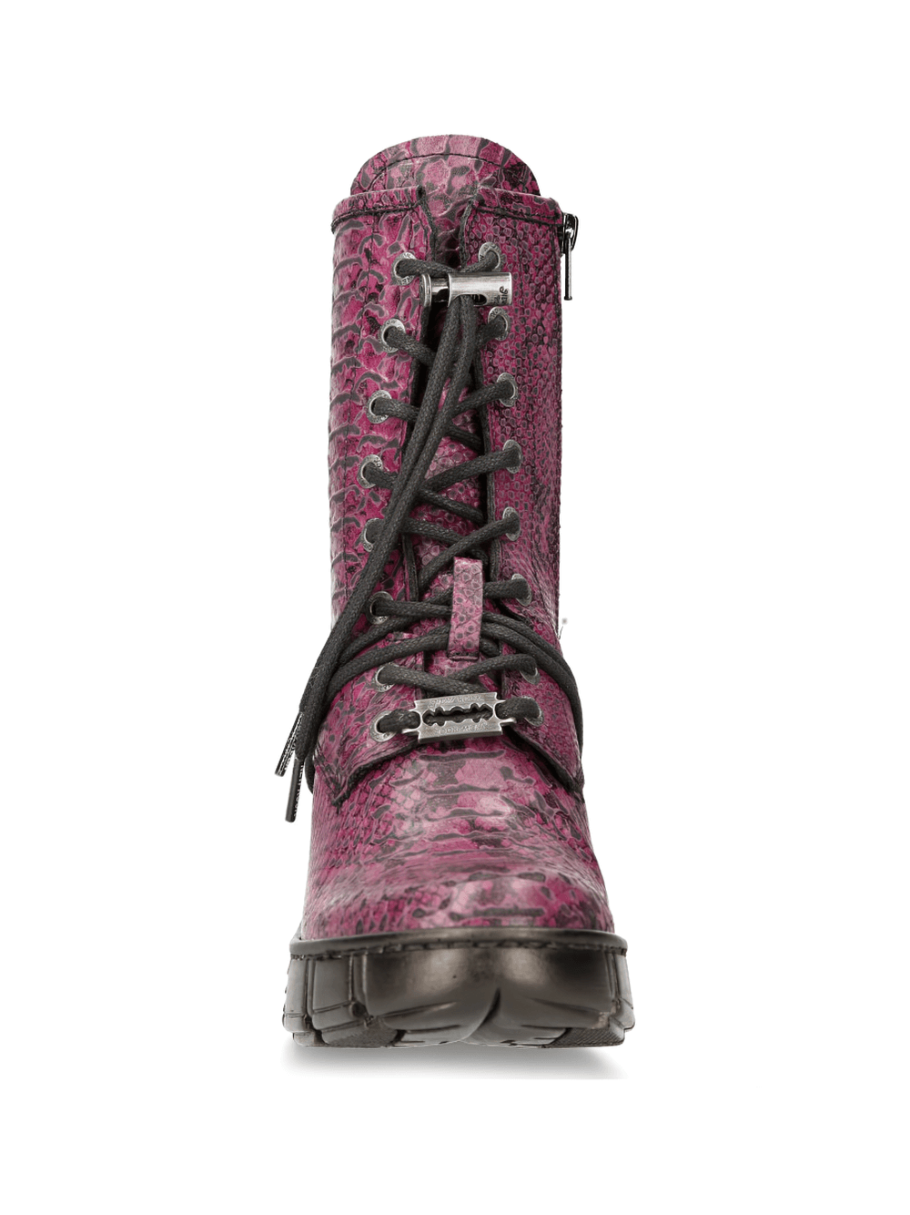 Front view of NEW ROCK purple lace-up ankle boots with metallic heels, showcasing unique design and sturdy build.