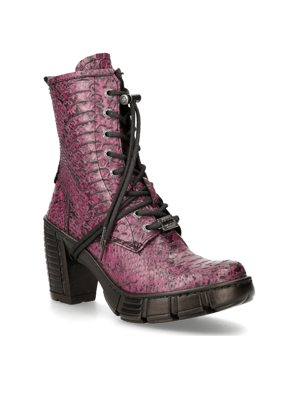 NEW ROCK purple ankle boots with metallic heels, featuring unique lace-up and zipper design for a rock style look.