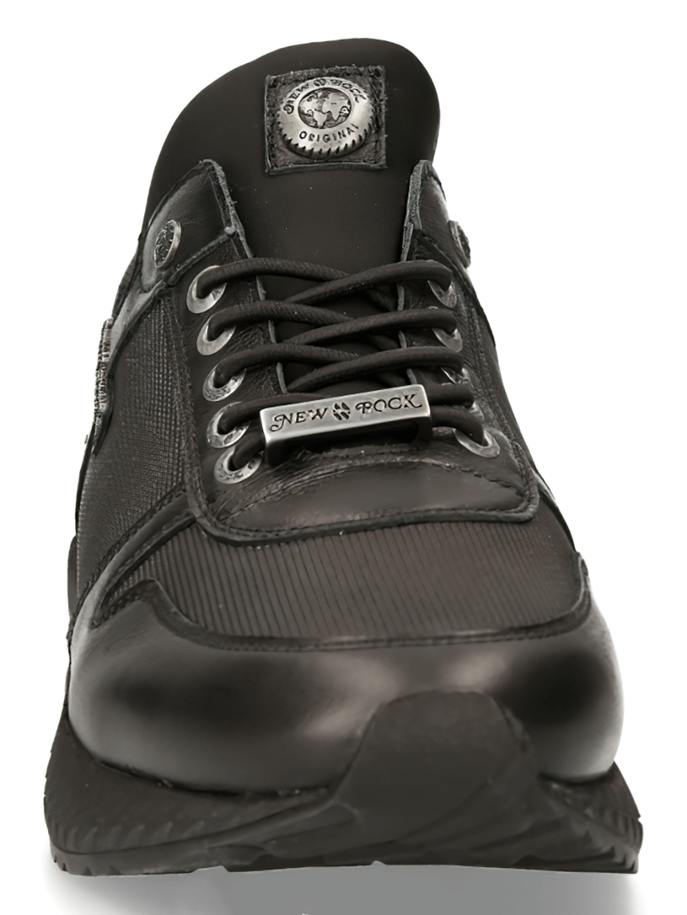 Front view of NEW ROCK Men's Urban Lace-Up Genuine Leather Sports Shoes in black, showcasing sleek design and stylish details.