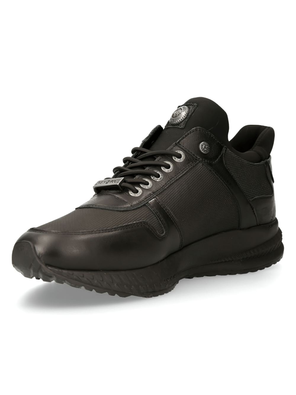 NEW ROCK Men's Urban Lace-Up Black Genuine Leather Sneakers for edgy sports fashion.