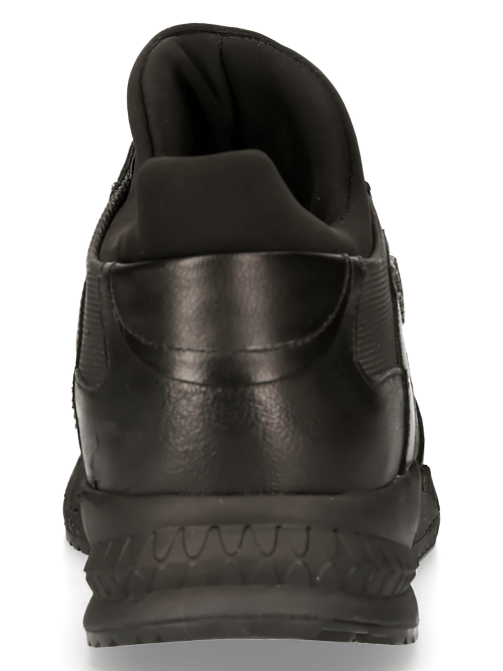 Back view of stylish men's black genuine leather and lycra urban sneakers by New Rock.