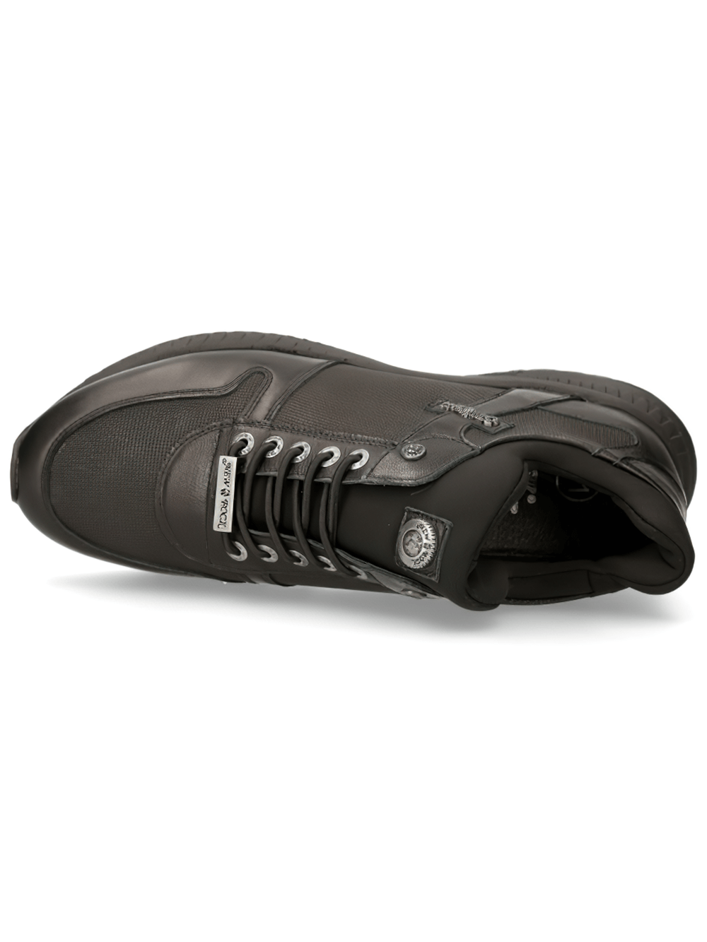 Stylish black leather sports shoe by New Rock with lace-up design and modern urban vibe.