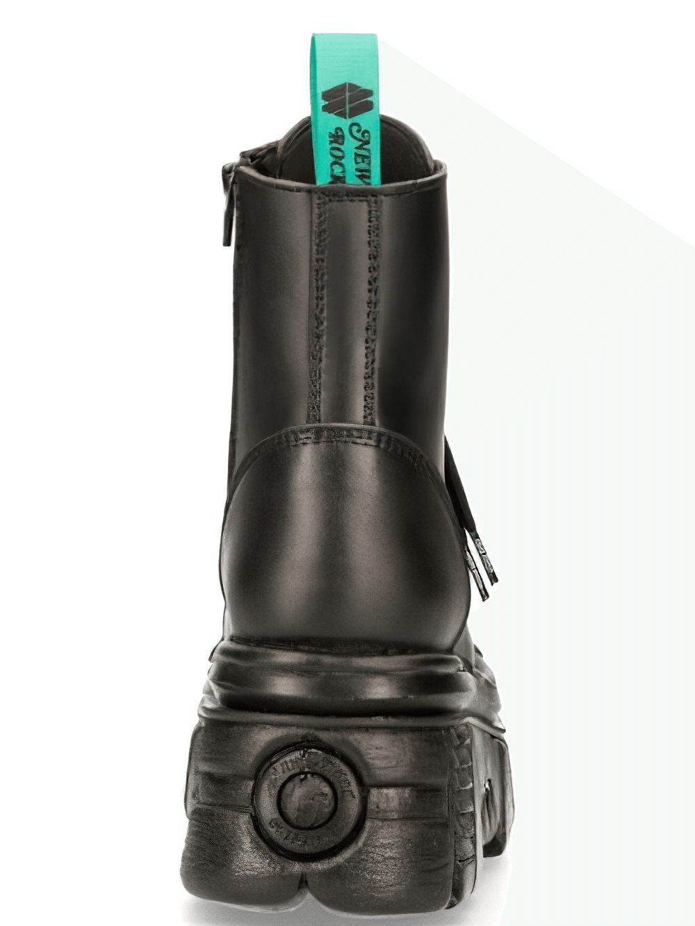 Back view of NEW ROCK Urban Military Vegan Ankle Boots, featuring a durable PU-Ultra sole and a vibrant turquoise tag.