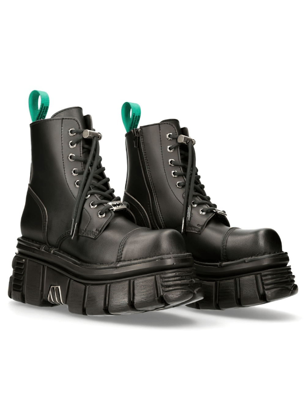 Stylish eco-vegan black combat ankle boots with chunky platforms and lace-up design, perfect for urban adventures.