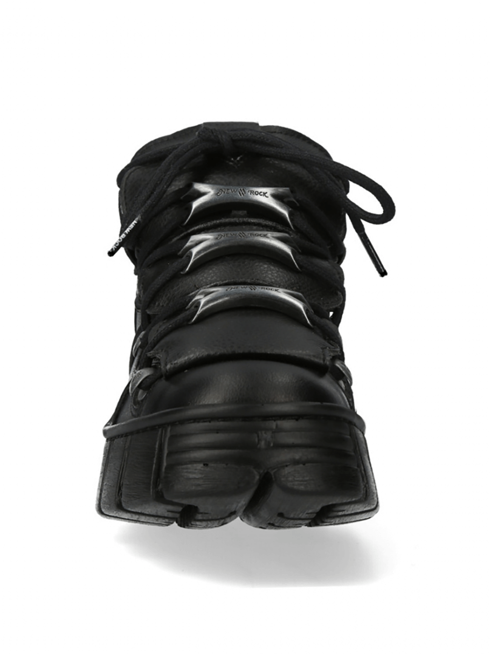 Front view of edgy black lace-up punk platform shoes with chunky soles and striking design.