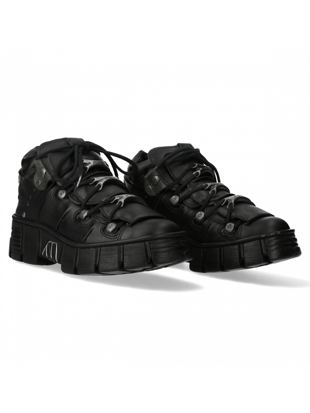 Edgy black lace-up platform shoes with chunky soles, perfect for urban streetwear style.