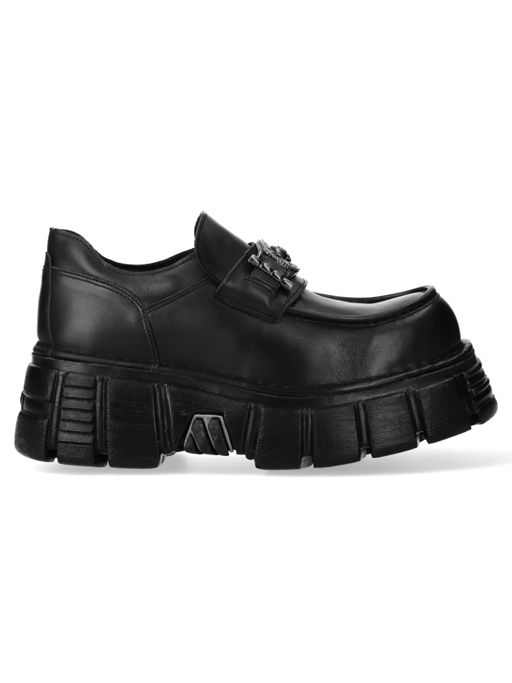 NEW ROCK Men's black leather platform shoes with metallic buckle, featuring a bold sole for urban style and comfort.