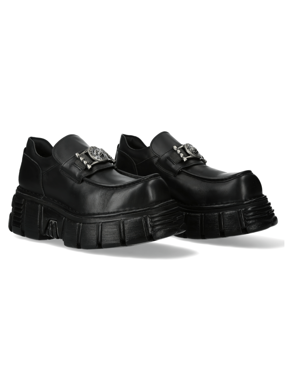 NEW ROCK Men's Black Leather Platform Shoes with Metallic Buckle, Urban Style Footwear for a Bold Look.