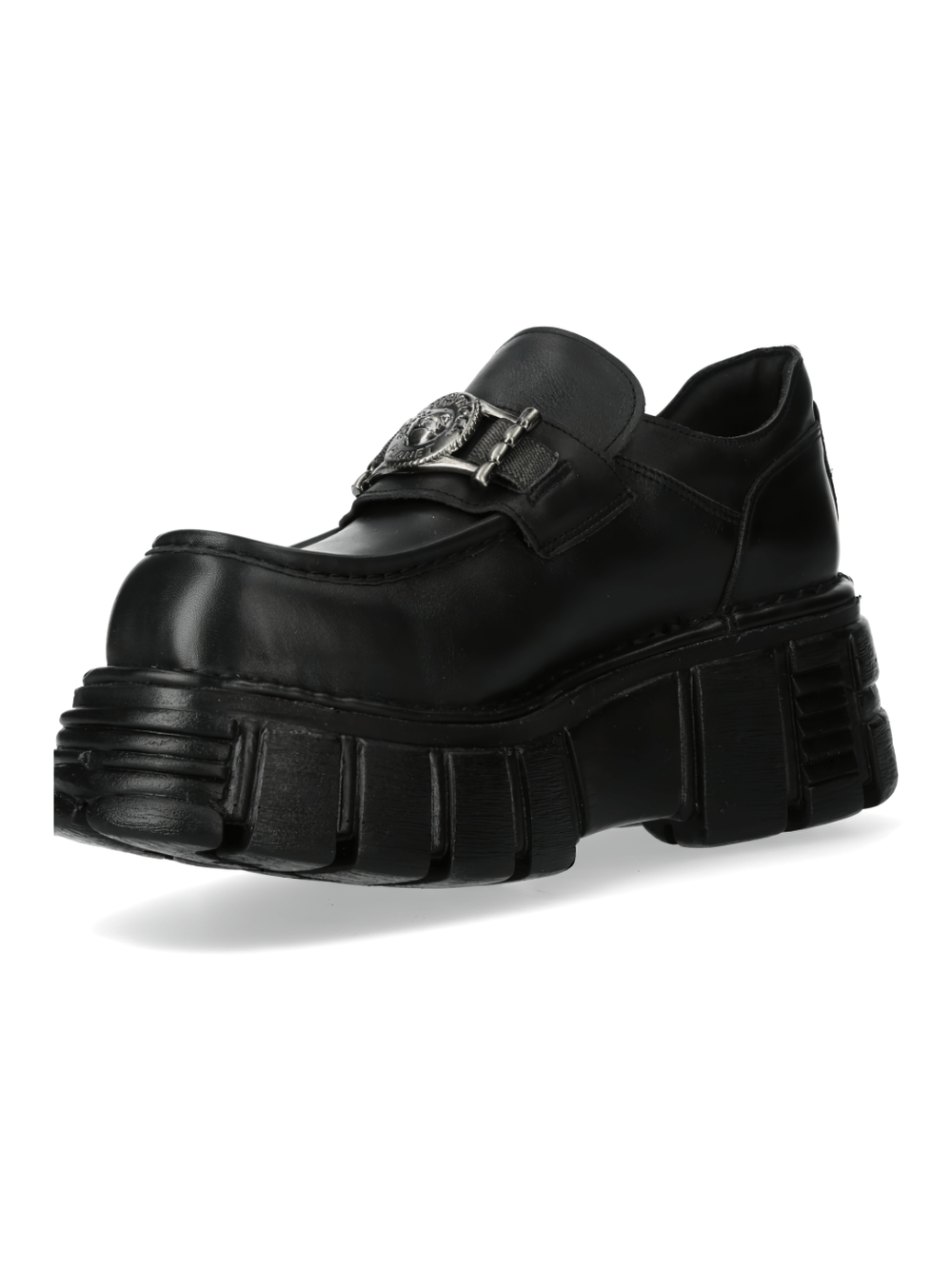 Stylish New Rock men's black leather platform shoes with metallic buckle for urban fashion.