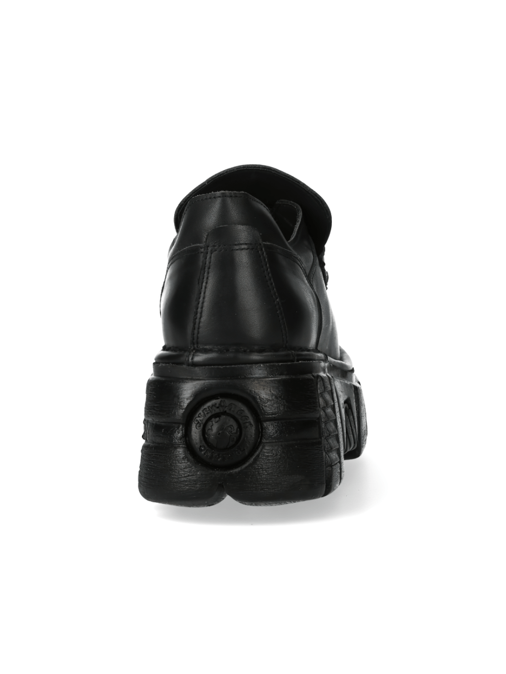 Back view of NEW ROCK Men's Urban Rock Leather Platform Shoes showcasing the bold heel and sleek black leather design.