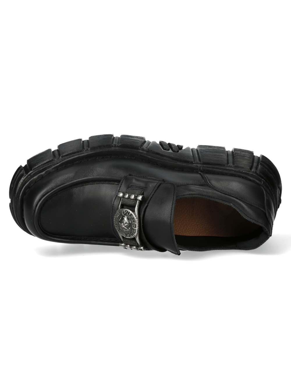 Top view of NEW ROCK Men's Urban Rock Leather Platform Shoes with metallic buckle and bold black design.