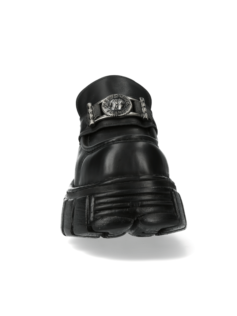 Front view of NEW ROCK Men's Urban Rock leather platform shoes with metallic buckle detail.