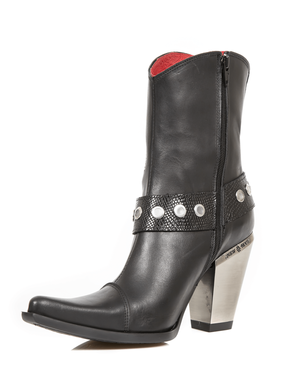 NEW ROCK black leather ankle boots with skull design, metallic heel, and studded strap for edgy urban style.